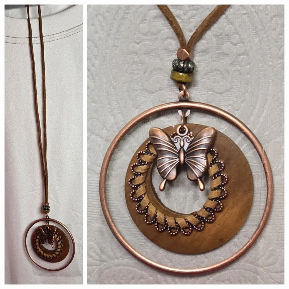 Boho Butterfly Pendant Long Necklace Copper Wood Medallion NWT Suede Jewelry